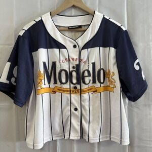 Modelo Cerveza Beer Womens L Belly Crop White 1925 Baseball Jersey Button Front